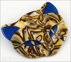 Lea Stein Bacchus The Cat Head Brooch Pin Blue Pearly Caramel Side