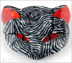 Lea Stein Bacchus The Cat Head Brooch Pin Grey Red Animal Print Front