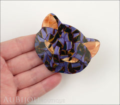 Lea Stein Bacchus The Cat Head Brooch Pin Purple Blue Mosaic Model