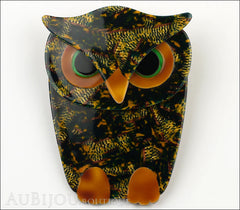 Lea Stein Buba The Owl Bird Brooch Pin Green Mosaic Caramel Front