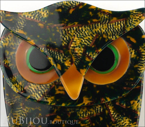 Lea Stein Buba The Owl Bird Brooch Pin Green Mosaic Caramel Gallery