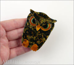 Lea Stein Buba The Owl Bird Brooch Pin Green Mosaic Caramel Model
