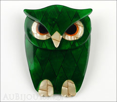 Lea Stein Buba The Owl Brooch Pin Sparkly Dark Green Cream