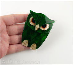 Lea Stein Buba The Owl Brooch Pin Sparkly Dark Green Cream