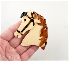 Lea Stein Butter The Horse Head Brooch Pin Cream Pinstripes Caramel Model