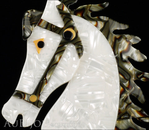 Lea Stein Butter The Horse Head Brooch Pin Pearly White Grey Gallery