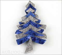 Lea Stein Christmas Tree Brooch Pin Silver Blue Front