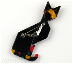 Lea Stein Deco Cat Brooch Pin Black Red Silver Back