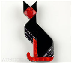 Lea Stein Deco Cat Brooch Pin Black Red Silver Front