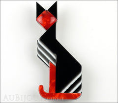 Lea Stein Deco Cat Brooch Pin Black Red White Front