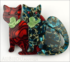 Lea Stein Double Watching Cat Brooch Pin Red Blue Green Front