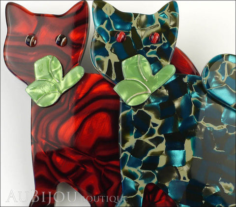 Lea Stein Double Watching Cat Brooch Pin Red Blue Green Gallery