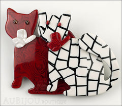 Lea Stein Double Watching Cat Brooch Pin Red White Black Front