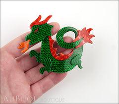 Lea Stein Dragon Brooch Pin Green Mesh Red Orange Model