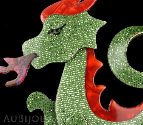 Lea Stein Dragon Brooch Pin Sparkly Green Red Gallery