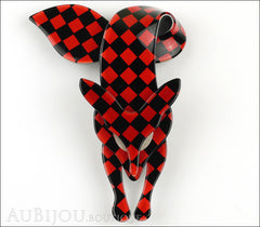 Lea Stein Fox Brooch Pin Red Black Checker Pattern Front