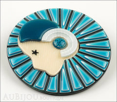 Lea Stein Full Collerette Art Deco Girl Brooch Pin Blue Black Side