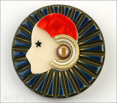 Lea Stein Full Collerette Art Deco Girl Brooch Pin Blue Gold Red Front