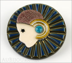 Lea Stein Full Collerette Art Deco Girl Brooch Pin Blue Gold Side