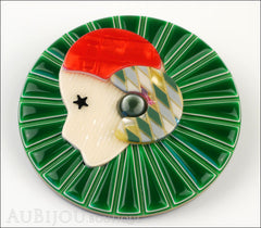 Lea Stein Full Collerette Art Deco Girl Brooch Pin Green Red Harlequin Side