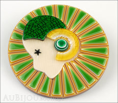 Lea Stein Full Collerette Art Deco Girl Brooch Pin Lime Green Yellow Side