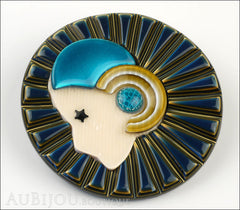 Lea Stein Full Collerette Art Deco Girl Brooch Pin Navy Gold Blue Side