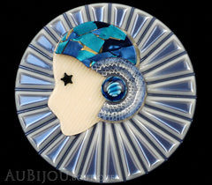 Lea Stein Full Collerette Art Deco Girl Brooch Pin Silver Blue