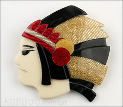 Lea Stein Indian Chief Head Brooch Pin Black Grey Gold Red Front