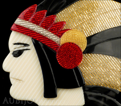 Lea Stein Indian Chief Head Brooch Pin Black Grey Gold Red Gallery
