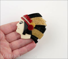 Lea Stein Indian Chief Head Brooch Pin Black Grey Gold Red Model