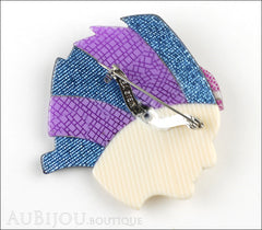 Lea Stein Indian Chief Head Brooch Pin Blue Lilac Purple Gold Back