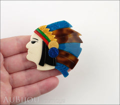 Lea Stein Indian Chief Head Brooch Pin Blue Tortoise Red Caramel Model