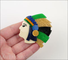 Lea Stein Indian Chief Head Brooch Pin Green Gold Black Blue Model
