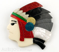 Lea Stein Indian Chief Head Brooch Pin Red Black Grey White Front