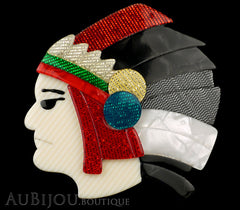 Lea Stein Indian Chief Head Brooch Pin Red Black Grey White