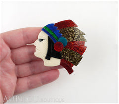 Lea Stein Indian Chief Head Brooch Pin Red Gold Blue Black Model