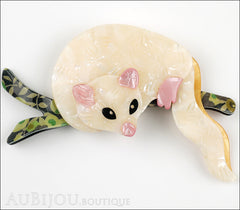 Lea Stein Lemur Possum Brooch Pin Pearly Cream and Pink Green Front