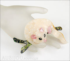 Lea Stein Lemur Possum Brooch Pin Pearly Cream and Pink Green Mannequin