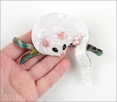 Lea Stein Lemur Possum Brooch Pin Pearly White and Pink Blue Model