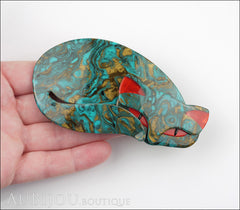 Lea Stein Mistigri The Cat Brooch Pin Turquoise Gold Red Model