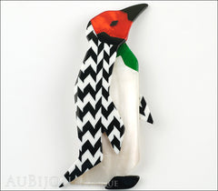 Lea Stein Penguin Brooch Pin Black White Chevron Red Front