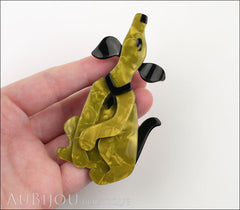 Lea Stein Pouf Howling Dog Dog Brooch Pin Mustard Green Black Model