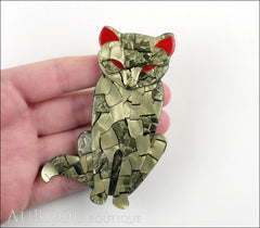 Lea Stein Sacha The Cat Brooch Pin Metallic Green Red Model