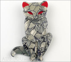 Lea Stein Sacha The Cat Brooch Pin Silver Grey Red Front