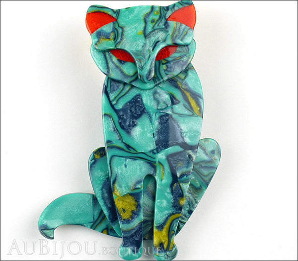 Lea Stein Sacha The Cat Brooch Pin Turquoise Swirls Red Gallery