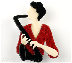 Lea Stein Saxophonist Brooch Pin Black Red Cream Front