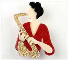 Lea Stein Saxophonist Brooch Pin Gold Red Cream Front