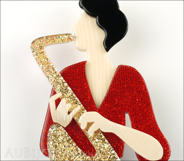 Lea Stein Saxophonist Brooch Pin Gold Red Cream Gallery