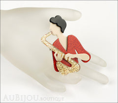 Lea Stein Saxophonist Brooch Pin Gold Red Cream Mannequin