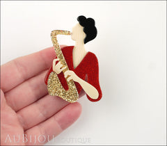 Lea Stein Saxophonist Brooch Pin Gold Red Cream Model